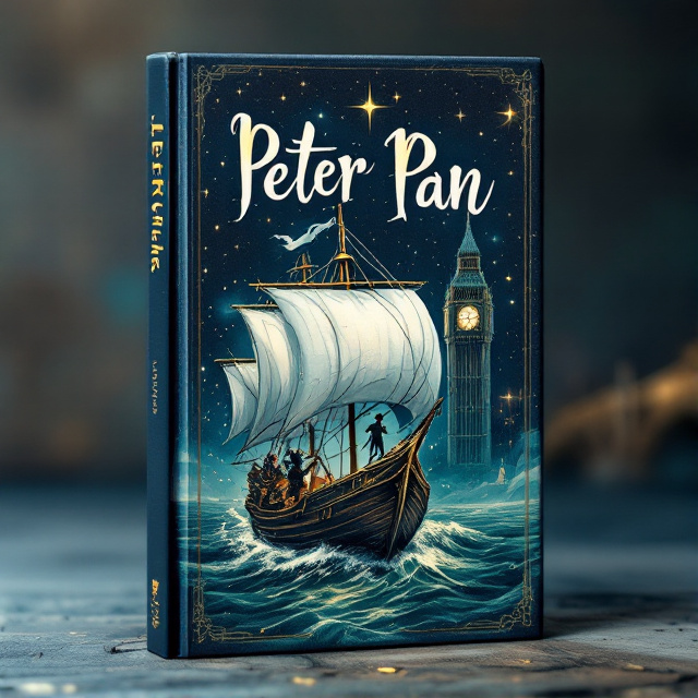 A hand-drawn illustration of Peter Pan battling Captain Hook on a pirate ship. The deep blues and silvers create a sense of wonder and magic, while the gold accents add a touch of nostalgia. The pirate ship is shown sailing on the deep green sea, with stars and fairy dust sprinkled in the sky above. In the background, Big Ben represents the real world that Peter Pan and the children leave behind when they go to Neverland.