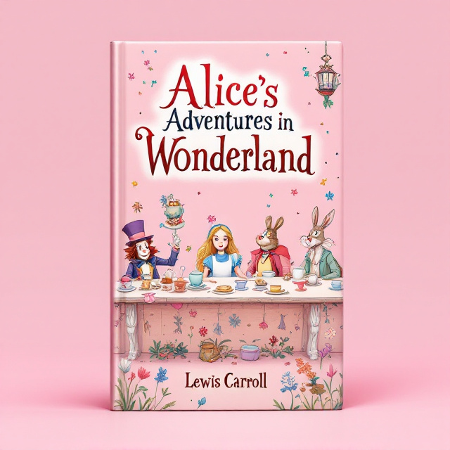 standing book mockup, Its title is "Alice's Adventures in Wonderland". Its author name is Lewis Carroll.  The cover features a whimsical scene with Alice sitting at a long table, surrounded by the Mad Hatter and the March Hare. Teapots, cups, and cakes are laid out on the table, creating a sense of curiosity and adventure. The background is light pink, giving a dreamy and magical atmosphere. Alice is wearing a blue dress and a purple hat, while the Mad Hatter and the March Hare are dressed in vibrant colors. Flowers are scattered around the table, adding a touch of enchantment to the scene. The title "Alice's Adventures in Wonderland" is displayed in a playful and whimsical font, with each word placed on a separate line. The author's name, Lewis Carroll, is written in a more elegant font beneath the title., The visual elements are centered on the cover, with the title and author's name positioned at the top and bottom respectively.