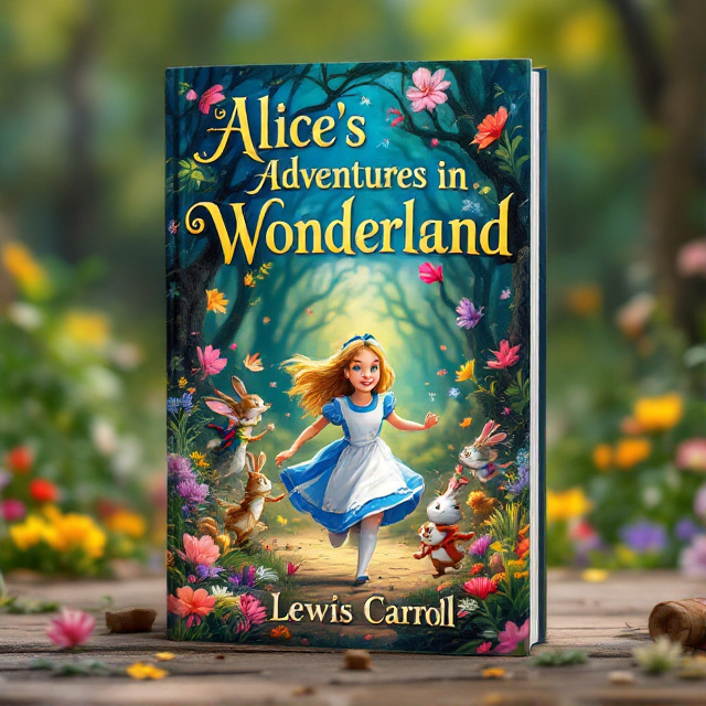 A whimsical and colorful scene with Alice in the center, running after the White Rabbit. Surrounding them are various small animals, such as the Cheshire Cat, the March Hare, and the Dormouse, all running in different directions. Vibrant and rapidly moving flowers fill the background, creating a sense of energy and curiosity.