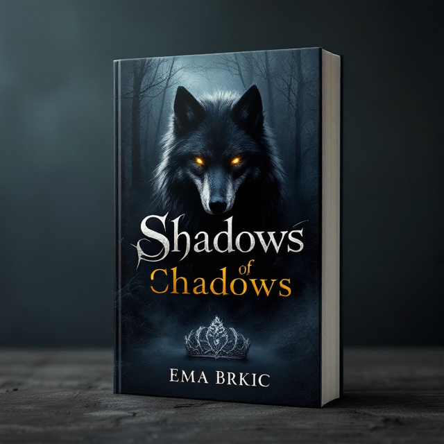 The cover features a dark and mysterious background with a shadowy forest setting. In the center, there is a silhouette of a majestic wolf with glowing eyes, representing the King of Shadows. At the bottom, there is a shadowy crown, symbolizing power and royalty. The overall composition creates a sense of intrigue and fantasy.