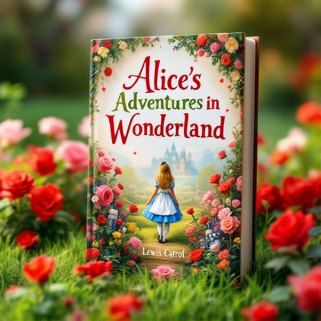 The cover features a whimsical and colorful scene of Alice in the Queen of Hearts' garden. Alice is depicted standing among neatly trimmed roses, with card soldiers playfully surrounding her. The background is filled with vibrant green grass and a hint of a palace in the distance.