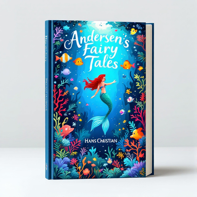 The Little Mermaid is depicted in the center of the cover, swimming gracefully in a deep blue ocean. Surrounding her are vibrant and colorful fish, coral, seaweed, and other marine creatures, creating a whimsical and serene underwater scene.