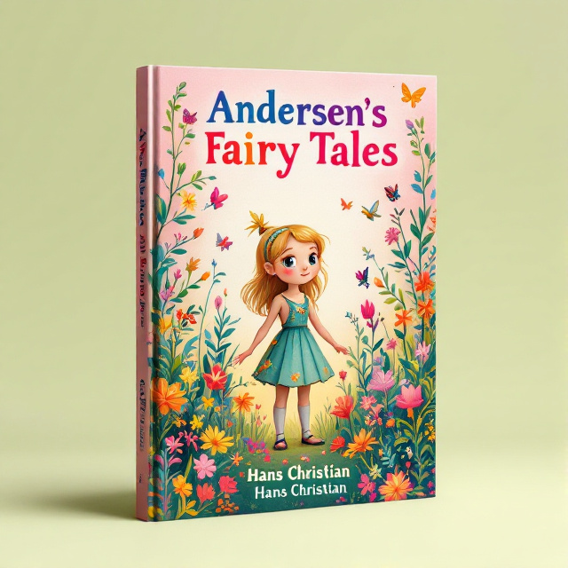 Thumbelina is depicted in the center of the cover, surrounded by colorful flowers, leaves, and small animals such as birds and butterflies. The garden background is vibrant with bright pink and yellow hues, creating a joyful and warm atmosphere.