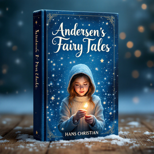The Little Match Girl is depicted in the center of the cover, surrounded by falling snowflakes. She is holding a lit match with a warm glow illuminating her face, while the cold blue and white snow creates a stark contrast. The sky above is filled with twinkling stars, symbolizing hope.