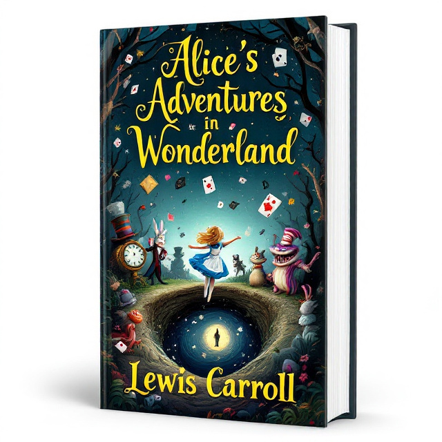 A dynamic scene of Alice falling down the rabbit hole, with the White Rabbit, Mad Hatter, and the Cheshire Cat surrounding her. A clock and keyhole add a touch of mystery, while playing cards float in the air, creating a whimsical atmosphere.