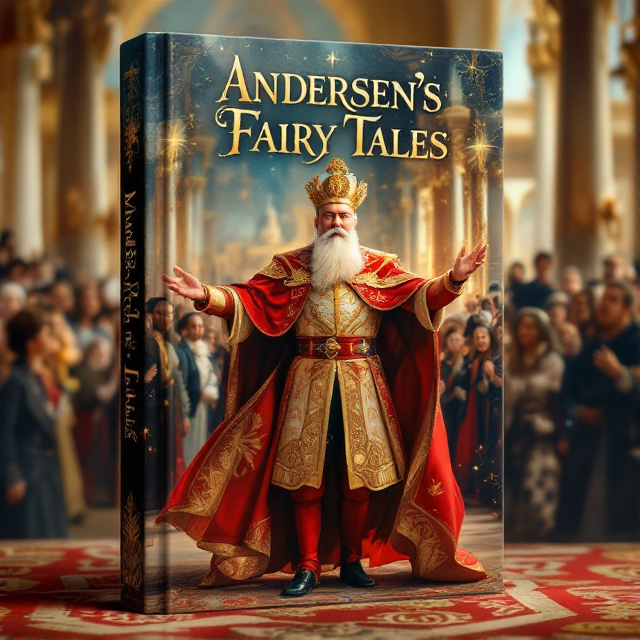 The cover features the Emperor, adorned in opulent gold and red attire, confidently strutting out of the palace. The crowd, both amazed and skeptical, gazes upon him, while the palace serves as a majestic backdrop. The Emperor's imaginary clothes, represented by translucent fabric, add a touch of whimsy to the scene.