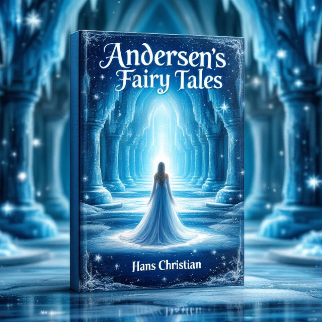 The cover features a beautiful illustration of the Snow Queen standing in the center of an ice-covered palace. She is surrounded by sparkling ice crystals and snowflakes, creating a magical and mysterious atmosphere.