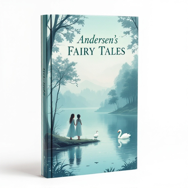 The cover features a calm and serene lakeside scene with two sisters standing by the water, surrounded by trees. They are protecting their brothers, who have been transformed into swans. The soft blue and green colors of the lake and nature create a peaceful atmosphere, while the white swans stand out against the backdrop.