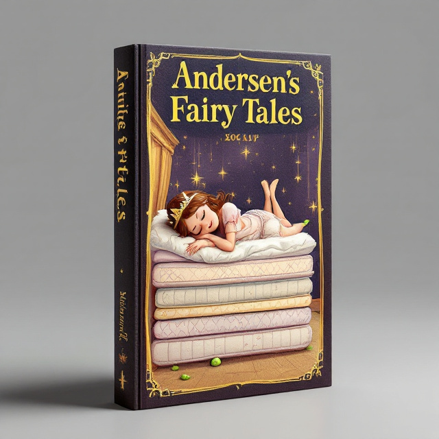 The cover features a quirky and humorous illustration of a princess lying on a stack of mattresses, with a green pea peeking out from underneath. The room decor is depicted with a golden background and deep purple mattresses.