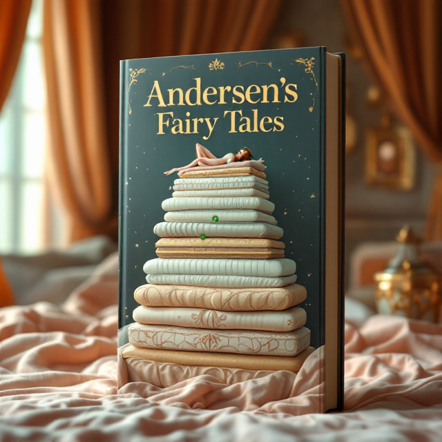 The cover features a dreamy and elegant scene of a princess lying on a tall bed stacked with soft mattresses. A small gap reveals a green pea, symbolizing the classic fairy tale of the princess and the pea. The room is adorned with lavish curtains and exquisite furniture, creating a warm and opulent atmosphere. The lighting is soft and dreamy, adding to the overall enchanting feel of the cover.