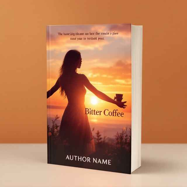The cover features a silhouette of a woman with outstretched arms against a vibrant sunset backdrop. A coffee cup is placed in her hands, symbolizing the bitter coffee mentioned in the title. The overall style is romantic and dreamlike, with soft, pastel colors and a touch of whimsy.