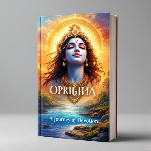 The cover features a vibrant and colorful illustration of Lord Krishna, surrounded by a divine aura. His peaceful and compassionate expression radiates devotion. The background depicts a serene scene of a sunset over a flowing river, symbolizing the journey of spirituality.