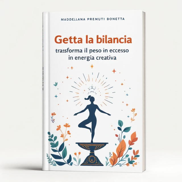 The cover features a central human figure in a yoga position, representing physical transformation. Stylized drawings of the chakras surround the figure, emanating light and energy. Small stars or sparks radiate from the figure, symbolizing the creative energy unleashed. The figure stands on an overturned scale, representing liberation from physical and mental weight. Leaves and flowers adorn the scene, emphasizing harmony and connection to nature.