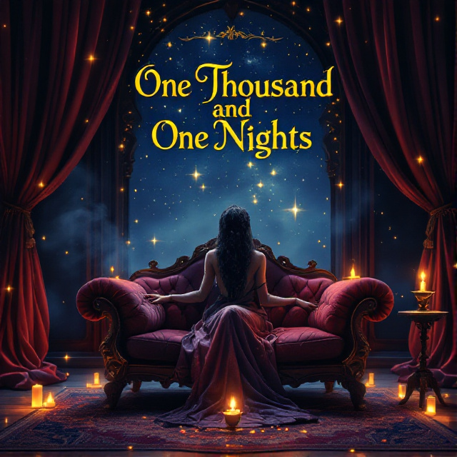 Scheherazade sits on a plush sofa in the center of the cover, surrounded by flickering candles and mysterious lights. The starry night sky acts as the backdrop, with velvet curtains framing the scene. A magic lamp rests on a small table beside her, adding an element of enchantment.