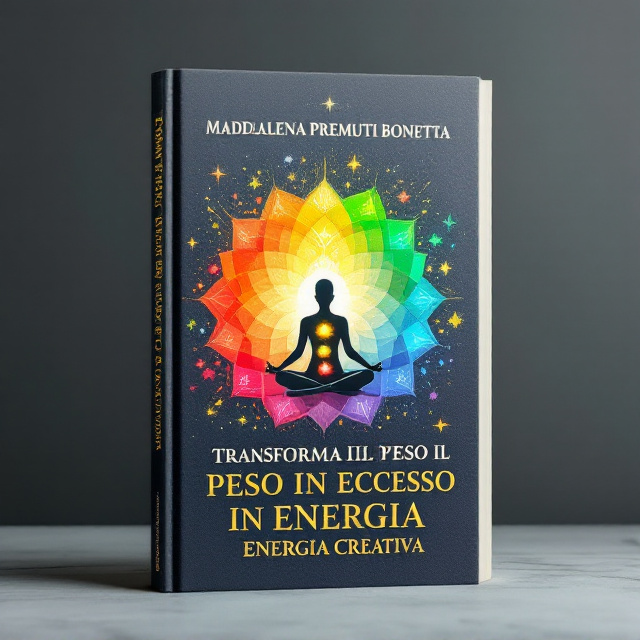The human figure is placed at the center of the cover, in a yoga position, representing strength and transformation. Stylized drawings of the chakras surround the figure, emanating vibrant colors of red, orange, yellow, green, blue, indigo, and purple. Small stars and sparks radiate from the figure, symbolizing the release of creative energy. An image of an overturned scale is positioned at the figure's feet, representing liberation from physical and mental weight. Small details of leaves and flowers are scattered around the figure, emphasizing harmony with nature.