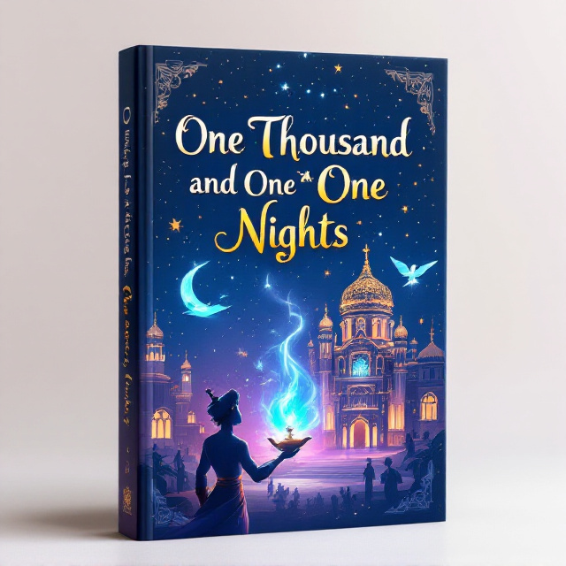 The cover features a majestic palace in the background against a night sky filled with sparkling stars. In the foreground, Aladdin is shown holding the magic lamp, with a magical blue genie emerging from it. Silhouettes of the flying carpet can be seen soaring through the air. The overall style is whimsical and fantastical, capturing the sense of adventure and magic in the story.