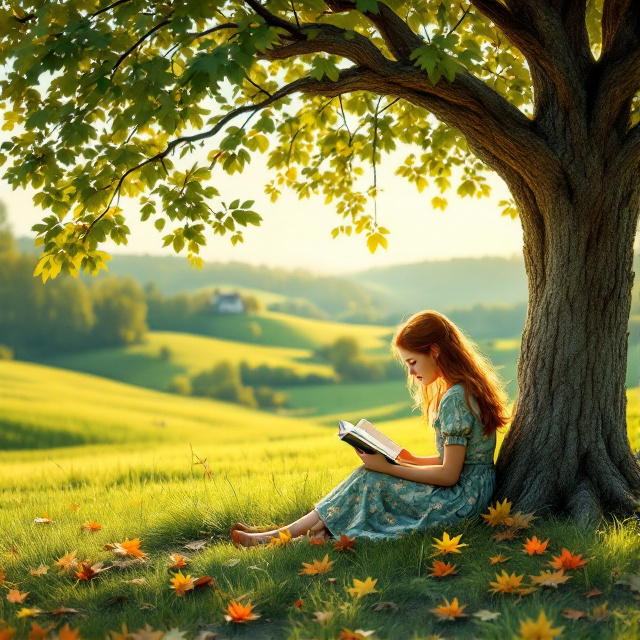 The cover features a tranquil scene of Anne sitting under a majestic oak tree, engrossed in her book. The rolling green hills and the iconic Green Gables house can be seen in the distance. Warm sunlight filters through the tree leaves, creating a peaceful and nostalgic ambiance. Fallen leaves are scattered around Anne, symbolizing the changing seasons and her journey of growth.