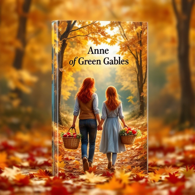 The cover features Anne and Diana walking along a leaf-covered path, with baskets filled with apples and flowers. The autumn foliage glows in shades of gold and orange, creating a warm and inviting atmosphere. Anne's bright red hair stands out against the vibrant colors of the season, capturing her adventurous spirit.