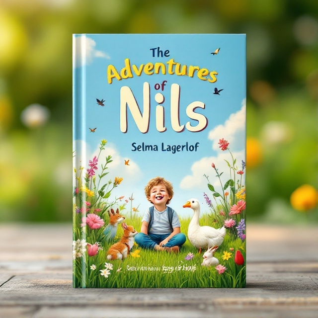 The cover features a bright green meadow with a blue sky as the background. In the center, Nils is sitting on the grass, laughing and playing with the goose. Surrounding them are rabbits, foxes, and birds, creating a lively and harmonious atmosphere. Wildflowers bloom all around, adding pops of pink and yellow to the scene.