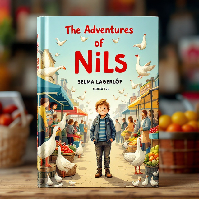 The cover depicts Nils standing in the center, surrounded by geese flying above him. The market stalls are shown in the background, filled with colorful fruits, vegetables, and toys. Friendly people of all ages can be seen interacting with Nils and the geese, creating a lively and joyful scene. The overall visual style is vibrant and energetic.