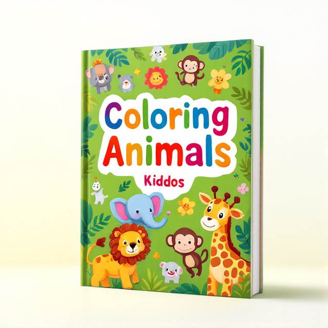 A vibrant green background with various animals, such as a lion, giraffe, elephant, and monkey, scattered across the cover. The animals are illustrated in a cute and cartoonish style, with bright colors that pop.