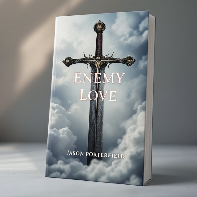 The cover features a close-up image of a sword, with the blade forming a cross shape. Behind the sword, there is a background of soft, ethereal clouds, representing peace. The title, "Enemy Love," is written in bold, elegant typography, with the word "Enemy" appearing in a striking red color to evoke the theme of violence. The author's name is placed below the title in a simple and clean font.