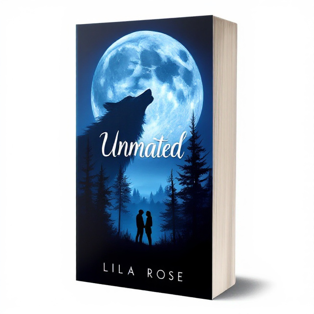 The cover features a dark blue background with a large full moon in the center. On top of the moon, there is a silhouette of a wolf howling. Below the moon, in the bottom half of the cover, there are two silhouettes of lovers standing in a forest, gazing up at the moon. The overall style is mysterious and romantic, with a touch of danger and intrigue.
