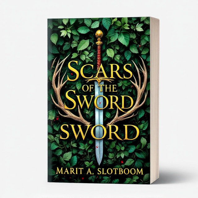 The title "Scars of the Sword" is rendered in bold, metallic gold typography, surrounded by delicate green leaves. The background is a lush, textured field of green leaves with hints of blood splatters, adding a touch of danger and intensity. A sword, symbolizing bravery and power, is piercing through the letter "o" in the title. Surrounding the title and sword is a prominent stag antler, representing renewal and resilience.