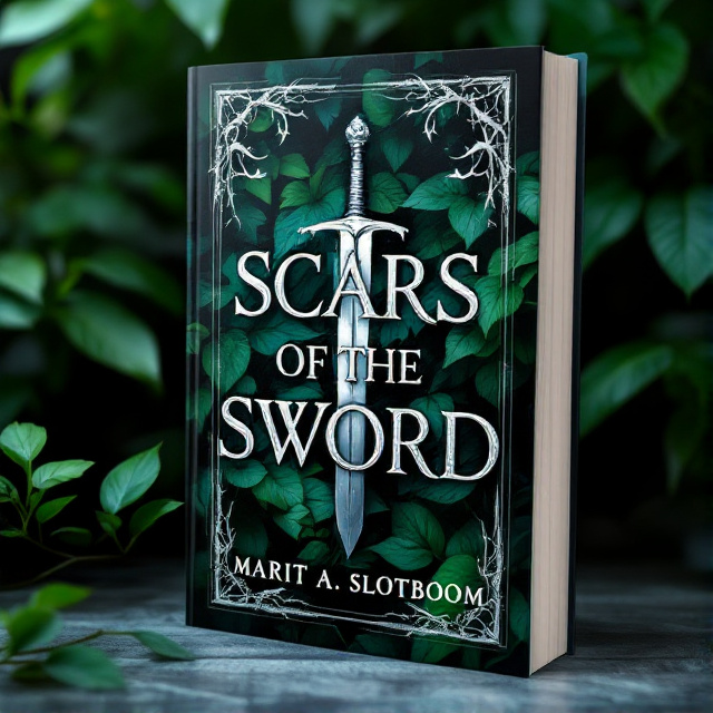 The cover features a background of lush green leaves, representing renewal and growth. In the center, a silver sword is depicted piercing through a letter in the title text, symbolizing bravery and danger. Surrounding the title, there is a border of white stag antler, adding an element of power and strength.