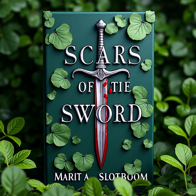 The background of the cover is made entirely of vibrant green leaves, creating a lush and natural setting. In the center, a silver sword is depicted, piercing through the letter "o" in the title "Scars of the Sword." Blood drips from the blade, symbolizing danger and bravery. A white stag antler is strategically placed on the bottom left corner, representing renewal and strength. Silver details are incorporated throughout the design, adding a touch of elegance and highlighting the importance of swords in the story.