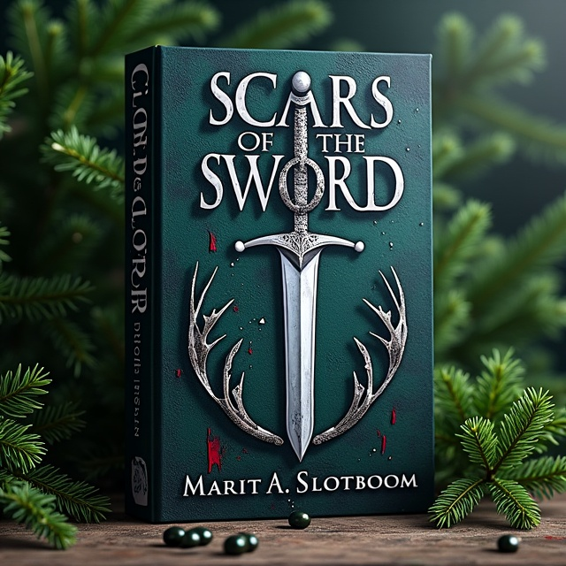 The cover features a background of green pine branches, symbolizing renewal and nature. In the center, there is a large silver sword, representing power, danger, and the protagonist's journey as a soldier. The sword is surrounded by silver details, including blood droplets and stag antlers, adding a touch of bravery and courage to the composition.