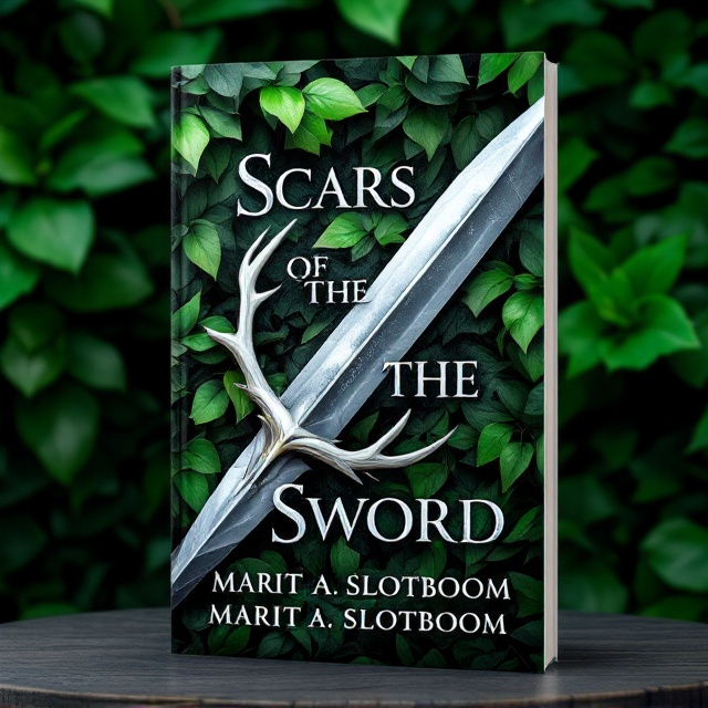 The background of the cover is filled with lush green leaves, symbolizing renewal and growth. A large silver sword is placed diagonally across the cover, representing the central theme of bravery and danger. The title "Scars of the Sword" is displayed in silver metallic font, blending with the green leaves. A white antler is strategically placed near the hilt of the sword, symbolizing the power of the stag and adding a unique element to the design.