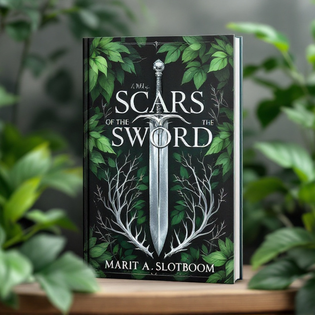 The background of the cover is filled with lush green leaves, symbolizing renewal and growth. In the center, a large silver sword is positioned diagonally, representing the dangerous and courageous nature of the story. Surrounding the sword are silver decorative details, resembling branches and adding a touch of elegance. At the top, the title "Scars of the Sword" is displayed in silver metallic font, glinting slightly. Towards the bottom, the author's name, Marit A. Slotboom, is also in silver but smaller. A white glinting antler is placed beside the author's name, symbolizing the strength and power of the protagonist.