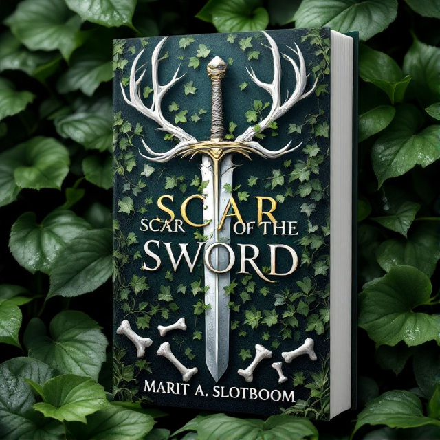 standing book mockup, Its title is "Scar of the Sword". Its author name is Marit A. Slotboom.  The background is filled with lush green leaves, with dew drops glistening on their surfaces. In the center, a large silver sword is prominently displayed, representing the courage and danger depicted in the book. Surrounding the sword, there are white stag antlers and ivy, symbolizing renewal and growth. White bones are scattered around the sword, adding an eerie yet intriguing element to the composition. The book title "Scar of the Sword" is displayed in a metallic and silver font, with ivy vines intertwining around the letters. The author name "Marit A. Slotboom" is written in a simpler font at the bottom of the cover, allowing the focus to remain on the title and visual elements., The title is positioned at the top of the cover, with the author name aligned at the bottom. The visual elements are placed in the center, with the sword as the main focal point.