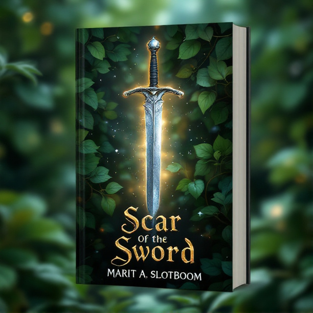 The cover features a close-up of a silver sword, suspended in mid-air. The sword is illuminated, with a subtle silver glow around it. The background is completely covered in green leaves with swirling colors and ethereal elements like dew drops, creating a dreamy and fresh atmosphere. The title "Scar of the Sword" is written in a medieval font, with letters made of metallic silver, mirroring the movement of the leaves. The author's name, Marit A. Slotboom, is displayed in a white simple, sans-serif font at the bottom of the cover.