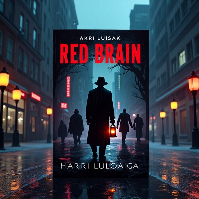 The cover features a dark and rainy city at night, with neon lights reflecting on the wet streets. The protagonist, Akira Tanaka, is positioned in the center, wearing a long dark coat and holding a lantern. Mysterious figures, representing 'The Watchers,' lurk in the shadows behind him. Ominous skyscrapers loom in the background, creating a sense of danger and intrigue.