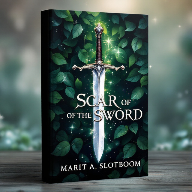 The cover features a close-up of a silver sword, suspended in mid-air. The background is completely covered in green leaves with swirling colors and ethereal elements. The sword is illuminated, and there is a subtle silver glow around it. The title "Scar of the Sword" is written in a medieval font, with the letters made of metallic silver, mirroring the movement of the leaves. The author's name is displayed in a simple, white, sans-serif font at the bottom of the cover.