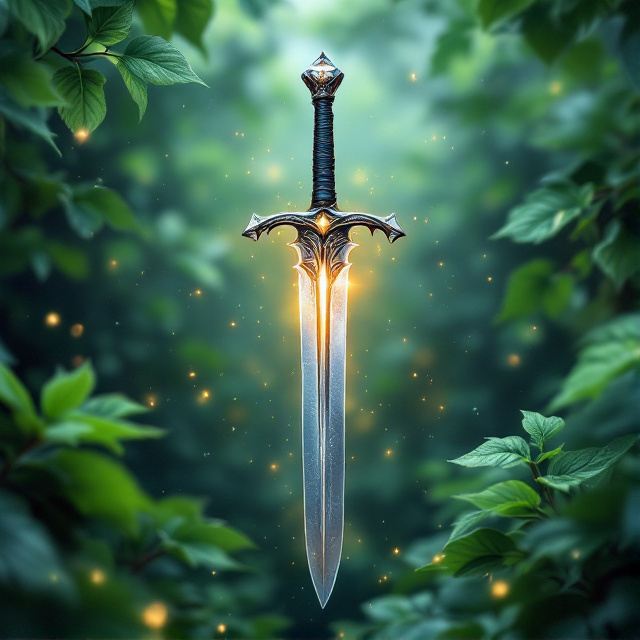 The cover features a close-up of a silver sword, suspended in mid-air. The background is completely covered in green leaves with swirling colors and ethereal elements. Dew drops are scattered throughout the scene to add a sense of freshness and growth. The sword is illuminated with a subtle silver glow, creating a dreamy atmosphere. The title "Scar of the Sword" is written in a medieval font, with each letter made of metallic silver, mirroring the movement of the leaves. The author's name is displayed in a simple, white sans-serif font at the bottom of the cover.