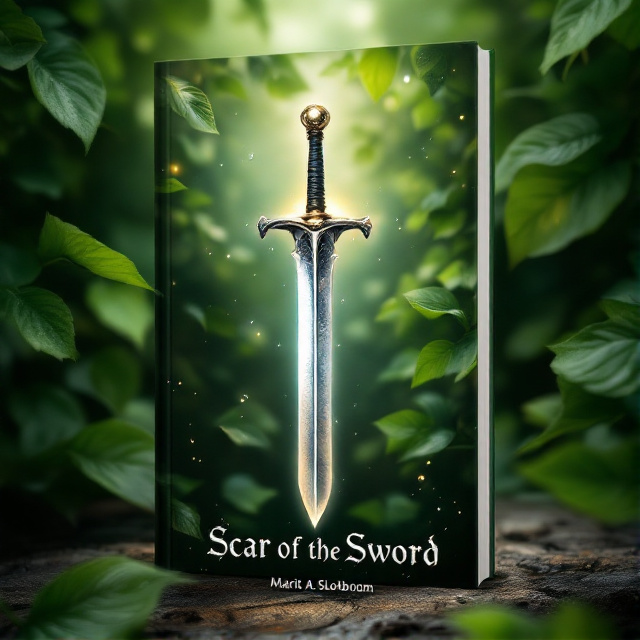 The cover features a close-up of a silver sword, suspended in mid-air. The sword is illuminated, and there is a subtle silver glow around it. The background is completely covered in green leaves with swirling colors and ethereal elements, representing a dreamy and adventurous atmosphere. Dew drops add a fresh and growing touch to the scene. The title "Scar of the Sword" is written in a medieval font with metallic silver letters, mirroring the movement of the leaves. The author's name is displayed in a simple white sans-serif font at the bottom of the cover.