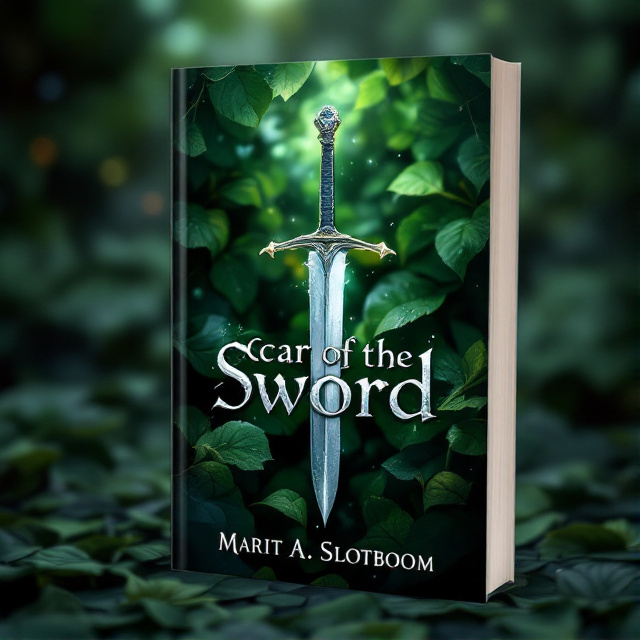 The cover features a close-up of a silver sword, suspended in mid-air. The background is completely covered in green leaves with swirling colors and ethereal elements and dew drops. The sword is illuminated, and there is a subtle silver glow around it.