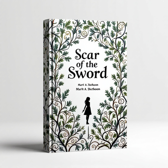 The cover features a standing book mockup, with the title "Scar of the Sword" in a calligraphic font centered in the middle. The background is covered with an intricate pine branch motif, consisting of swirling patterns, symbolizing growth and strength. In the center of the pine motif, a small silhouette of a female soldier holding a sword represents the soldier aspect of the story.