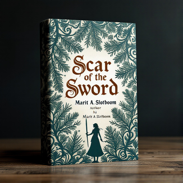 A standing book mockup with an intricate pine motif covering the entire background. The book title "Scar of the Sword" is centered in the middle, surrounded by swirling patterns of the pine motif. Below the title, a small silhouette of a female medieval soldier holds a sword, symbolizing the soldier aspect of the story.