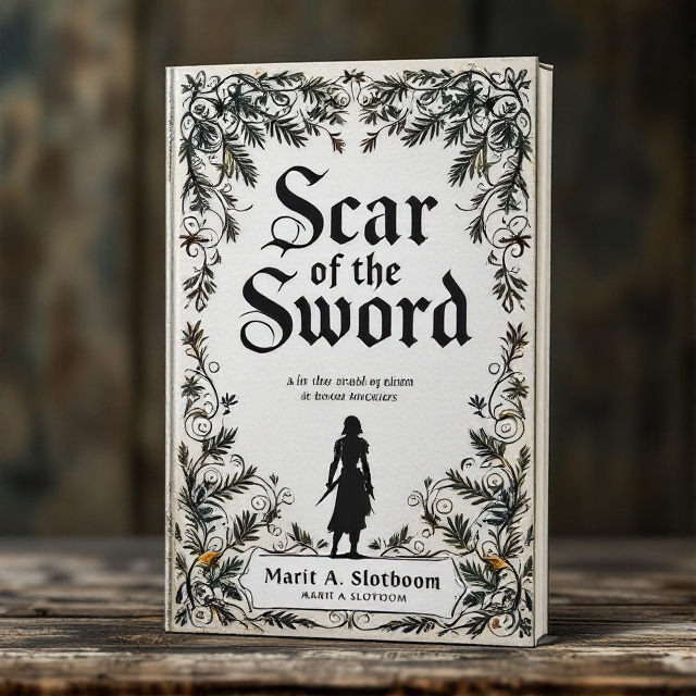 The cover features a standing book mockup with a pine motif surrounding the book title. The pine motif consists of swirling patterns and covers the entire background. In the center of the motif, a small silhouette of a female soldier wearing armor and holding a sword is placed below the title.