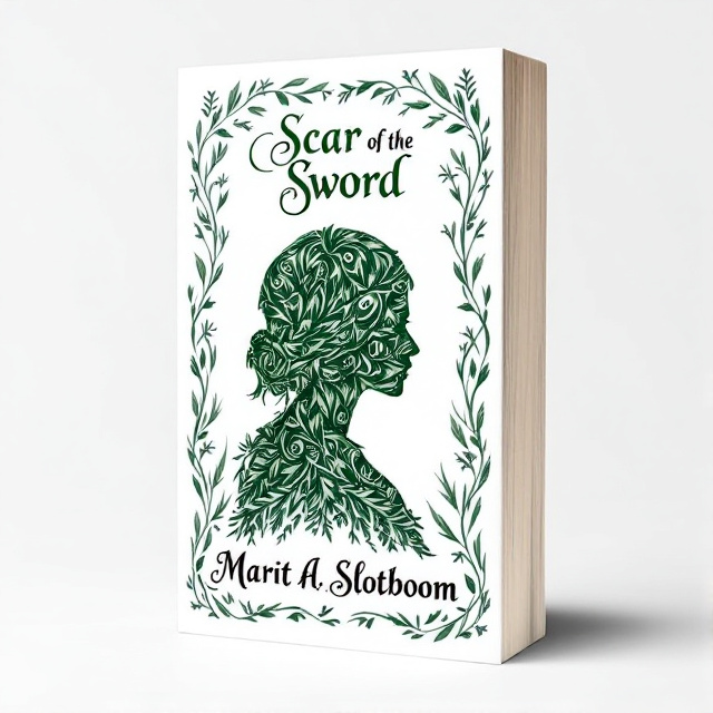The cover features a swirling pine motif in shades of green, symbolizing growth and resilience. In the center, there is a silhouette of a female soldier, representing strength and courage. The background is a solid white color, allowing the elements to stand out.