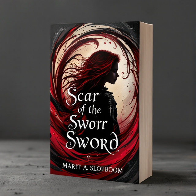 The cover features a swirling dark red wine motif as the background, symbolizing growth and resilience. In the center, a silhouette of a female soldier with dark red hair is positioned, embodying strength and courage. The title "Scar of the Sword" is displayed in an elegant calligraphic font, while the author's name "Marit A. Slotboom" is written in a whimsical font at the bottom of the cover.