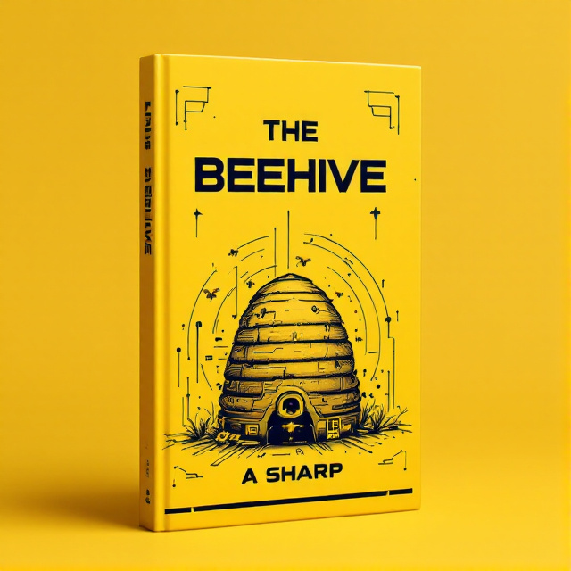The cover features a minimalistic design with a realistic illustration of a beehive in the center. The beehive is depicted with sharp edges and technology-inspired elements, showcasing its importance in the story. The background is predominantly yellow, creating a sense of vibrancy and energy.