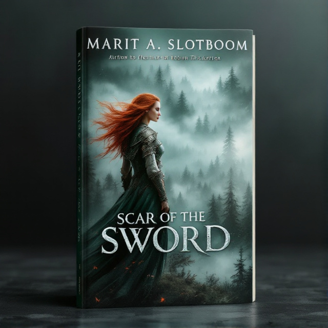 The cover features a strong and brave female soldier standing tall in the foreground. Her red hair flows in the wind, symbolizing her courage and determination. In the background, a foggy pine tree landscape adds an eerie atmosphere and represents growth and resilience. The color scheme is primarily green and silver, creating a visually striking contrast. The title and subtitle are arranged in a balanced composition, with the bold and silver decorative font for the title evoking ancient runes, while the clean and elegant serif font for the subtitle adds sophistication.