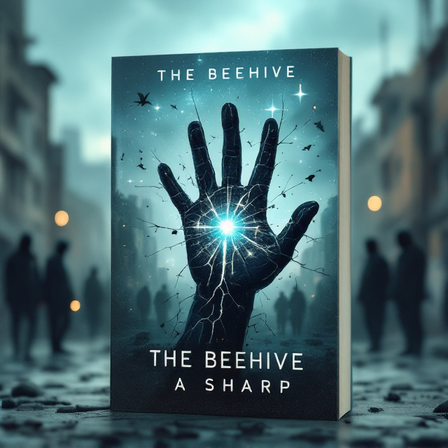 The cover features a hand in the foreground, with an embedded device glowing ominously. The hand appears cracked and malfunctioning, symbolizing rebellion and desperation. In the background, there is a contrast between a dilapidated gray zone and a gleaming light blue area, representing the division in society. Dark-clad enforcers with chips in their hands loom in the distance, adding tension. A faint image of a countdown timer in the sky hints at the climax, while satellite grenades or the suggestion of a looming explosion adds urgency.
