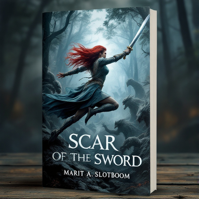 The female warrior with wine red hair is depicted mid-action, leaping through the air with her sword raised, ready to strike. The background showcases a raging battle between stone gargoyles in a dark pine forest with fog.
