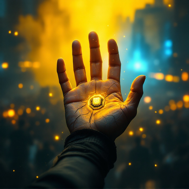 The hand with the embedded device is placed in the center, slightly cracked with a faint glow. The background showcases an overcrowded urban area with a yellow-tinted haze, symbolizing rebellion and oppression. In contrast, a distant, glowing light blue elite area represents hope and aspiration. Enforcers with yellow-tinted chips in their hands loom over the hand. Satellite grenades hang in the air, foreshadowing the impending rebellion. The Beehive logo is subtly integrated but visibly crumbling. A countdown timer is placed in the corner to create suspense and fear of control.